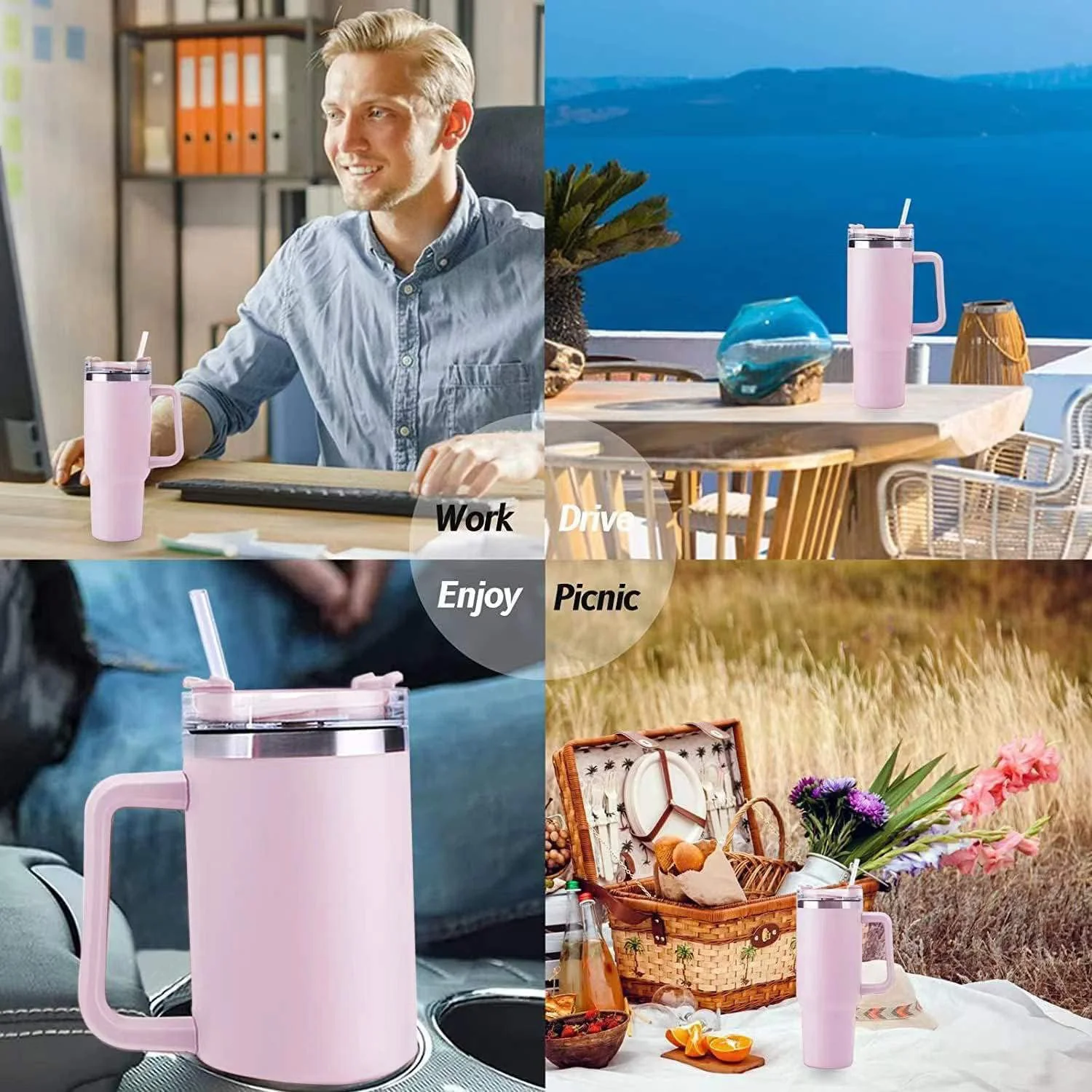 40oz Stainless Steel Insulated Tumbler with Handle Straw Travel Mug (Pink) - Image 6