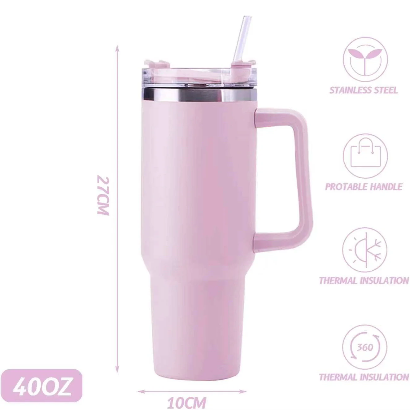 40oz Stainless Steel Insulated Tumbler with Handle Straw Travel Mug (Pink) - Image 7
