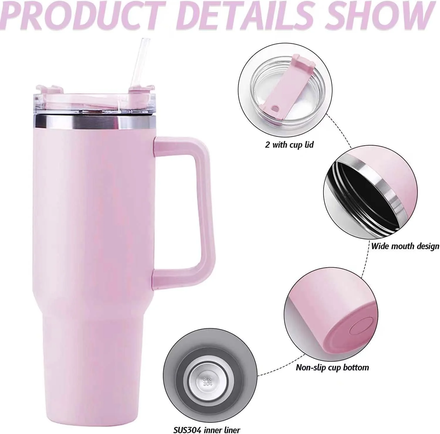 40oz Stainless Steel Insulated Tumbler with Handle Straw Travel Mug (Pink) - Image 9