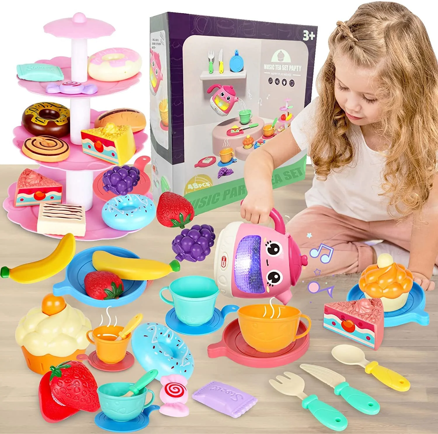 48-Piece Music Tea Party Teapot Pretend Food Toy Play Set - Image 2