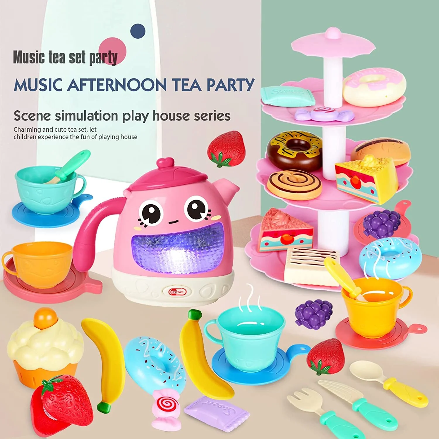 48-Piece Music Tea Party Teapot Pretend Food Toy Play Set - Image 4
