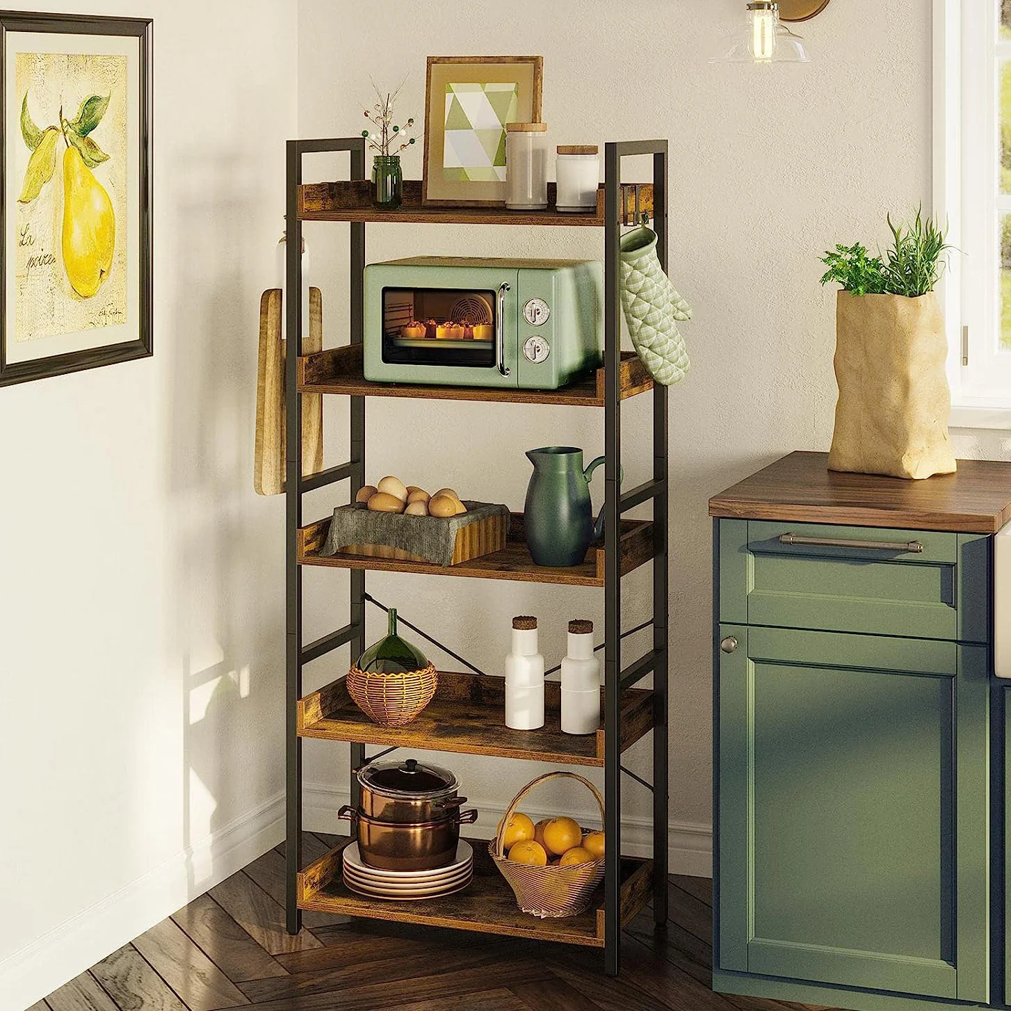 5 Tier Multifunction Heavy Duty Bookcase Rustic Wood & Steel Storage Shelf Organizer - Image 17