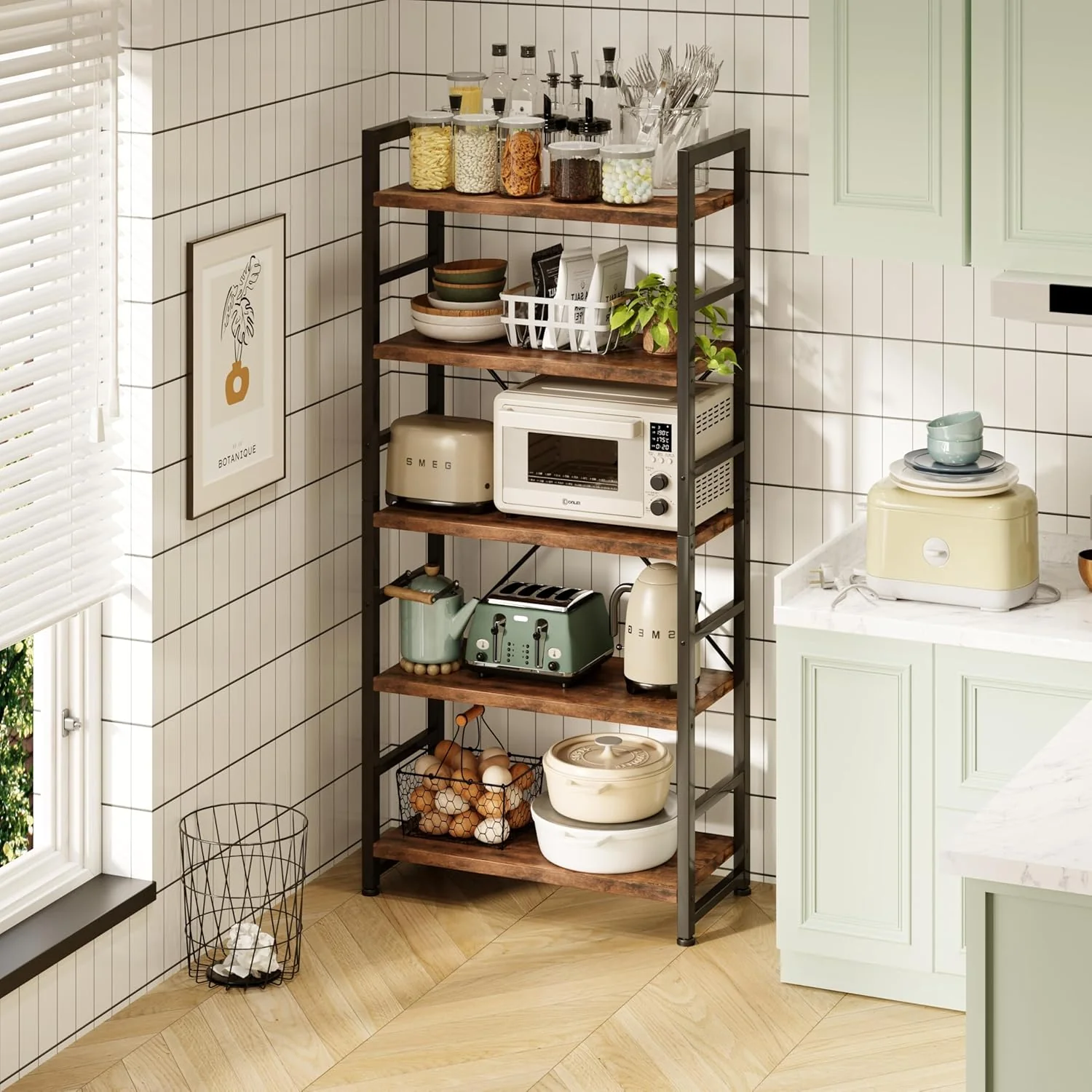 5 Tier Multifunction Heavy Duty Bookcase Rustic Wood & Steel Storage Shelf Organizer - Image 20