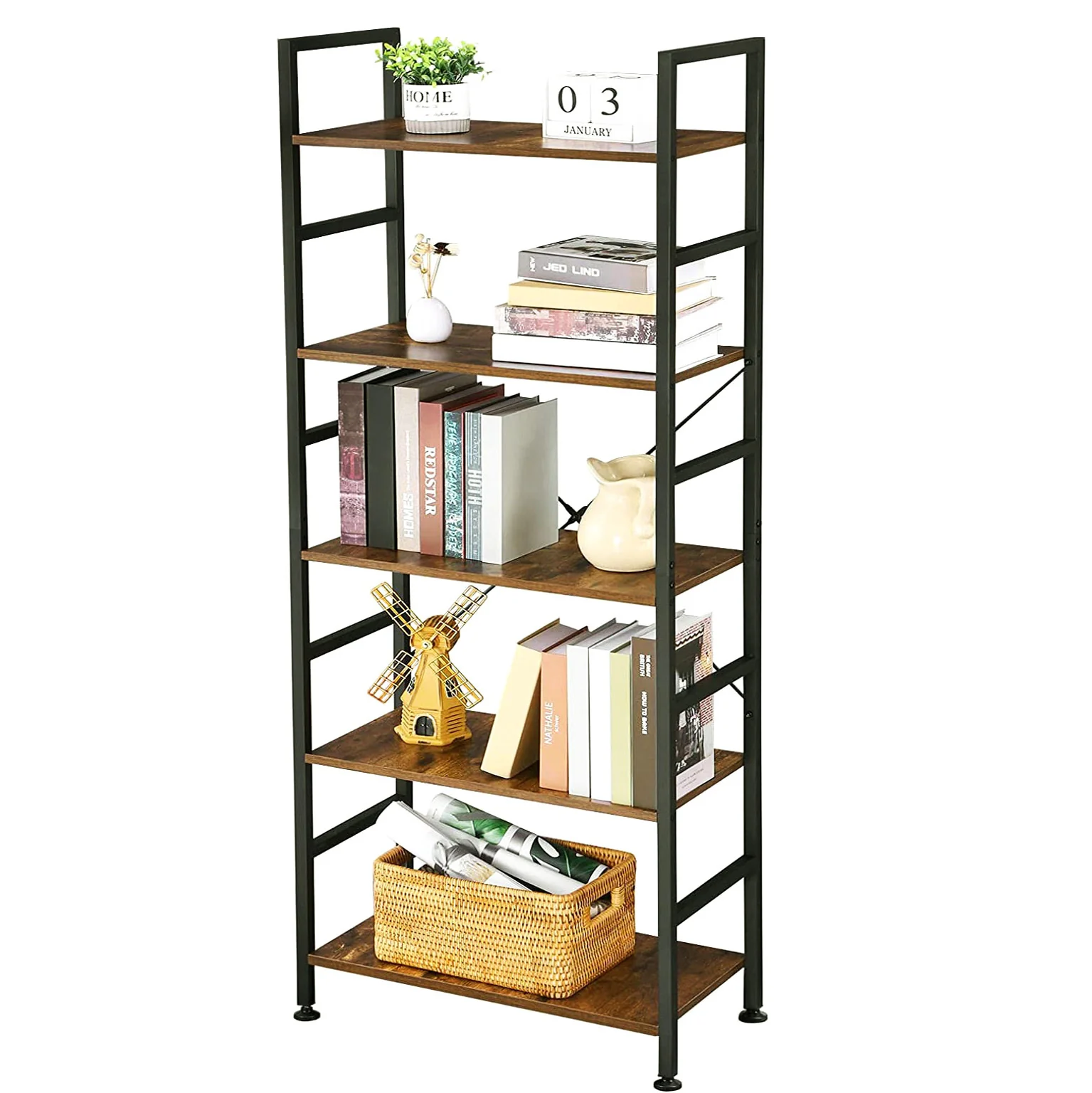 5 Tier Multifunction Heavy Duty Bookcase Rustic Wood & Steel Storage Shelf Organizer - Image 21