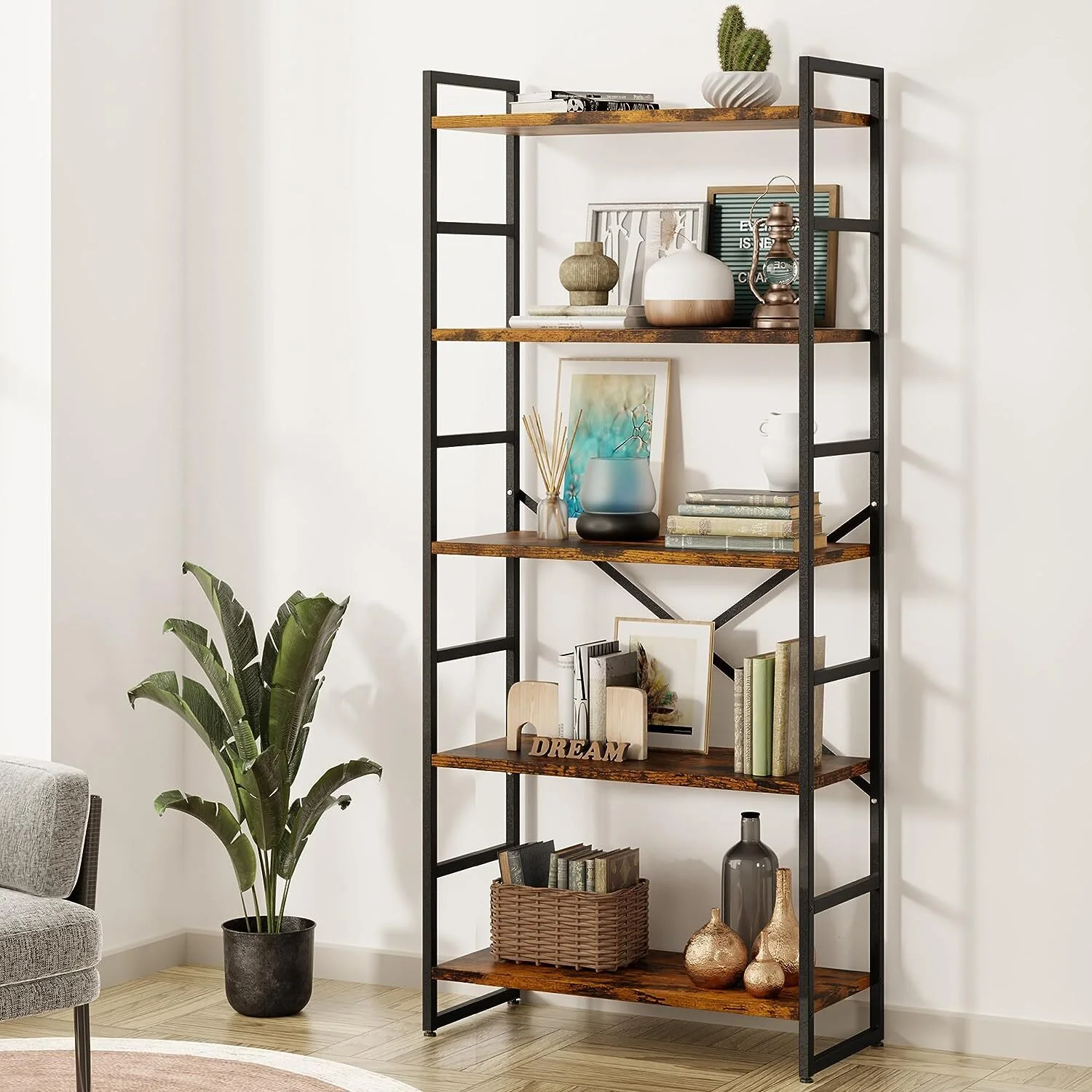 5 Tier Multifunction Heavy Duty Bookcase Rustic Wood & Steel Storage Shelf Organizer - Image 27