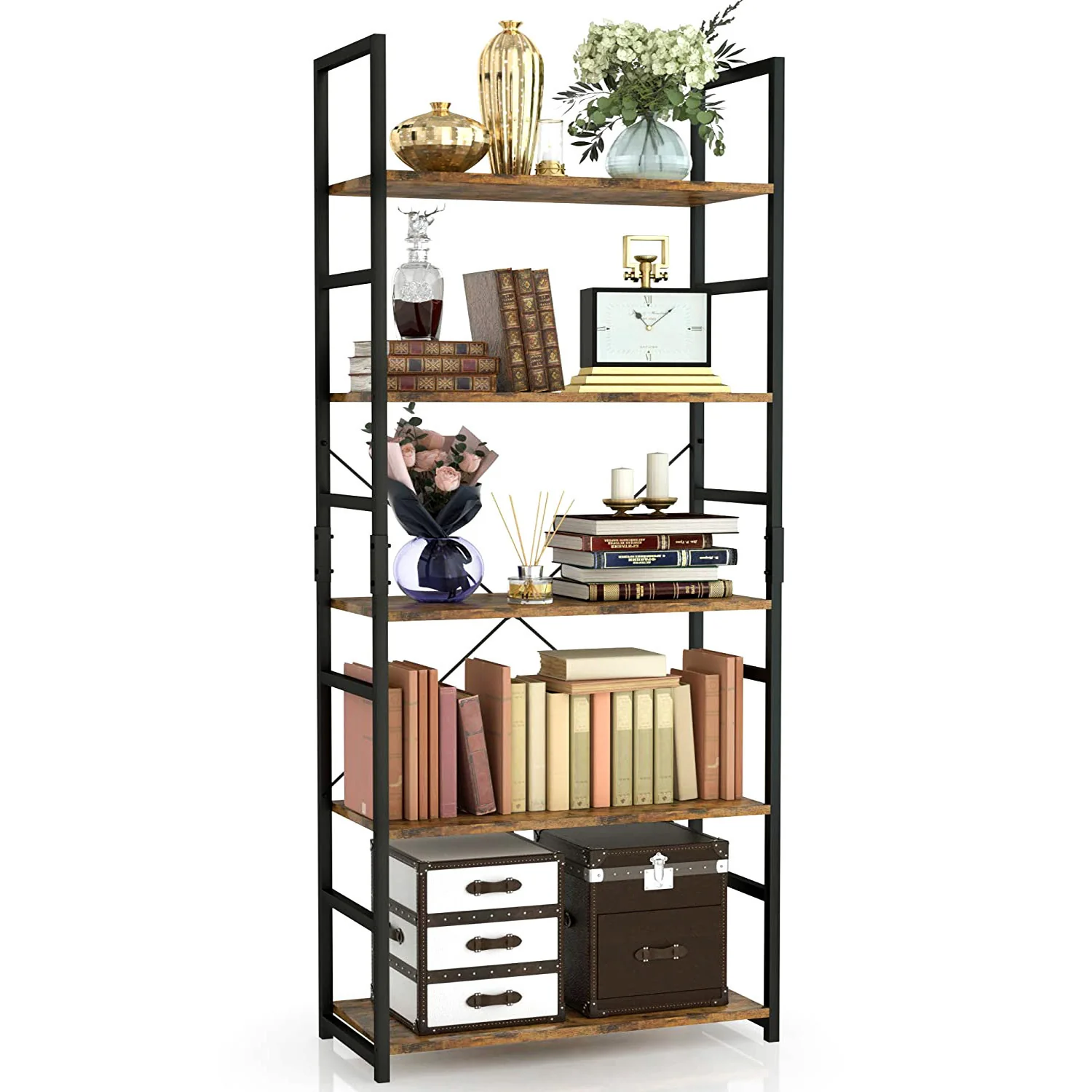 5 Tier Multifunction Heavy Duty Bookcase Rustic Wood & Steel Storage Shelf Organizer - Image 6