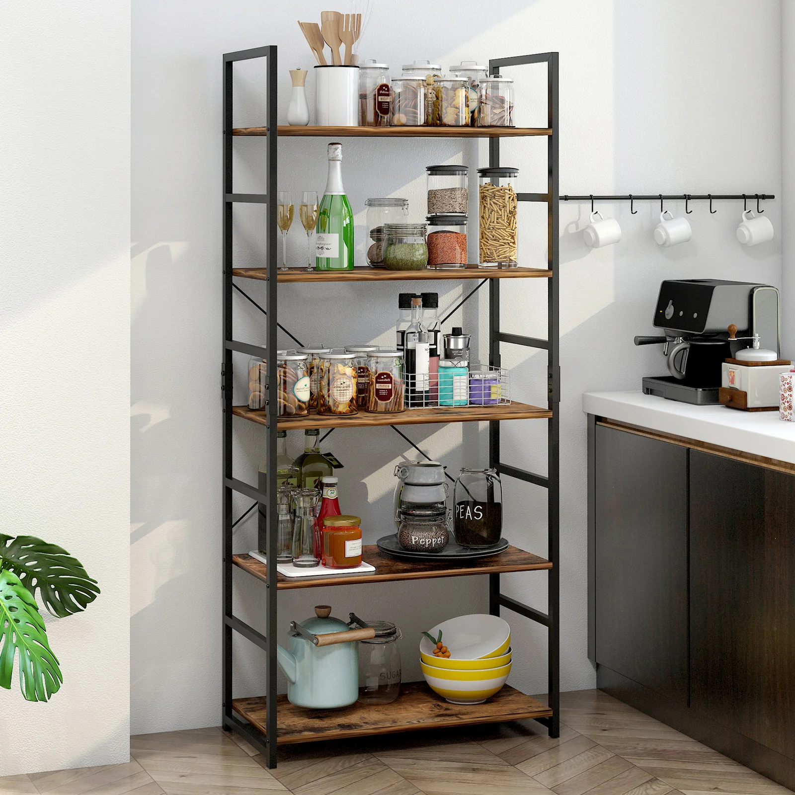 5 Tier Multifunction Heavy Duty Bookcase Rustic Wood & Steel Storage Shelf Organizer - Image 8