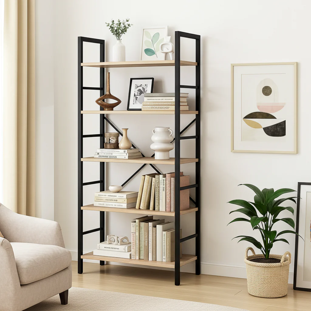 5 Tier Multifunction Heavy Duty Bookcase Wood & Steel Storage Shelf Organizer (Coastal Oak) - Image 15