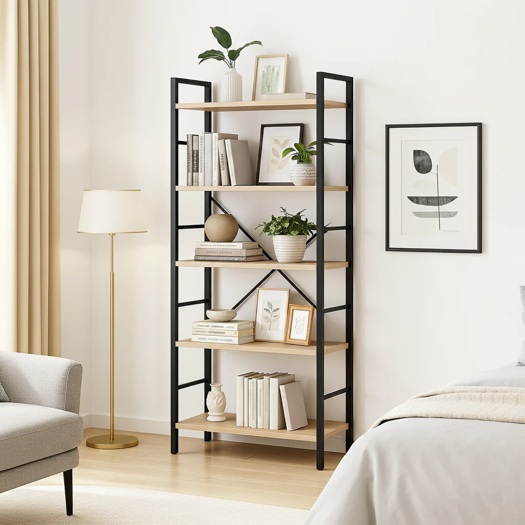 5 Tier Multifunction Heavy Duty Bookcase Wood & Steel Storage Shelf Organizer (Coastal Oak) - Image 17