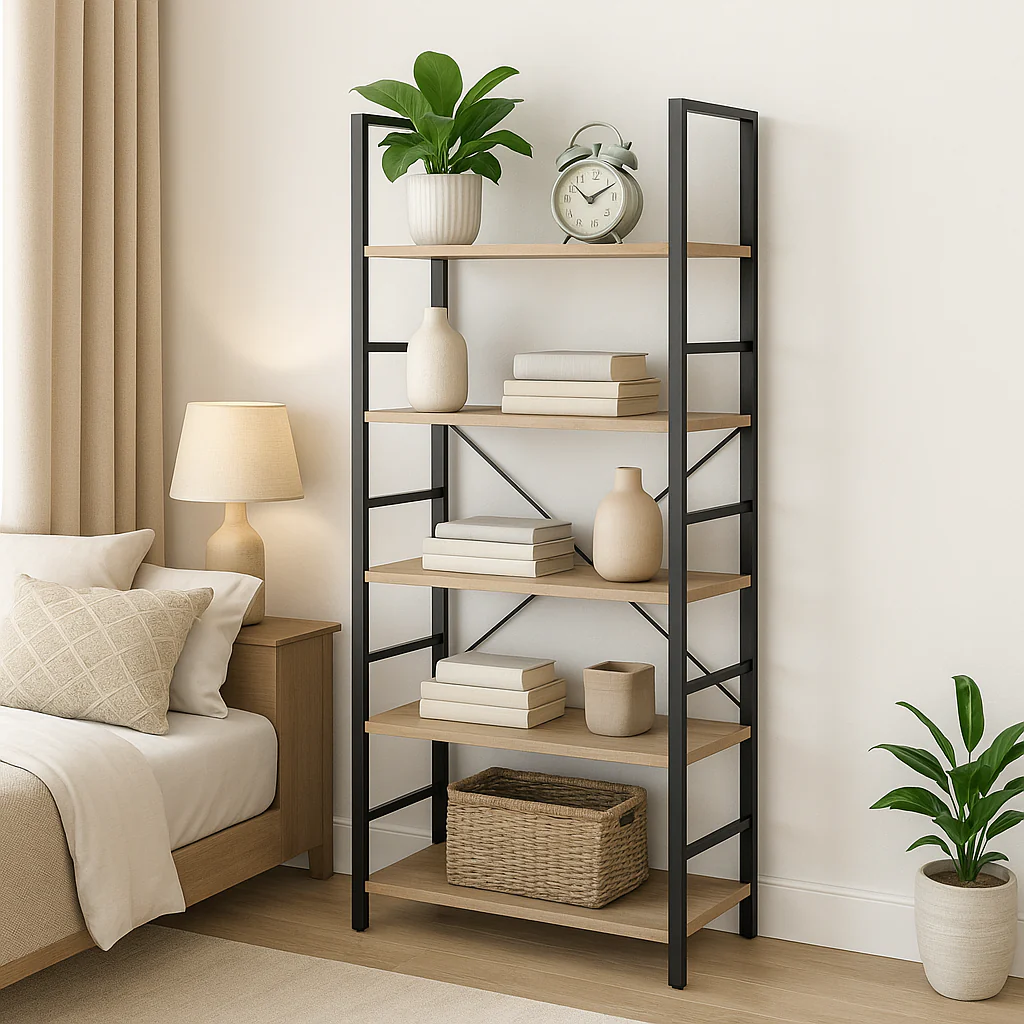 5 Tier Multifunction Heavy Duty Bookcase Wood & Steel Storage Shelf Organizer (Coastal Oak) - Image 18
