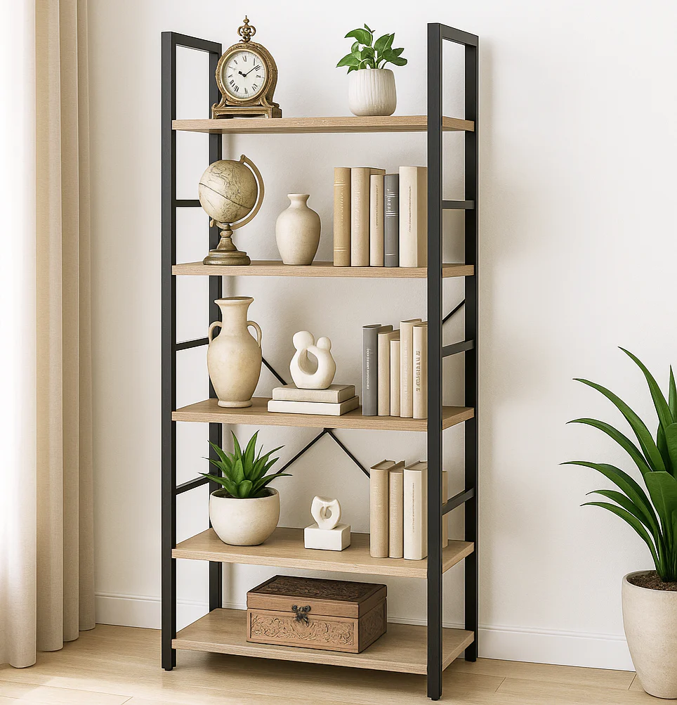 5 Tier Multifunction Heavy Duty Bookcase Wood & Steel Storage Shelf Organizer (Coastal Oak) - Image 22