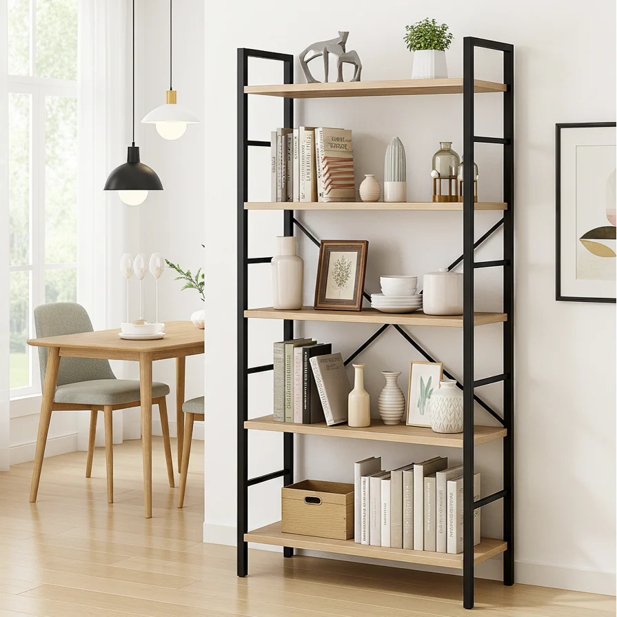 5 Tier Multifunction Heavy Duty Bookcase Wood & Steel Storage Shelf Organizer (Coastal Oak) - Image 4