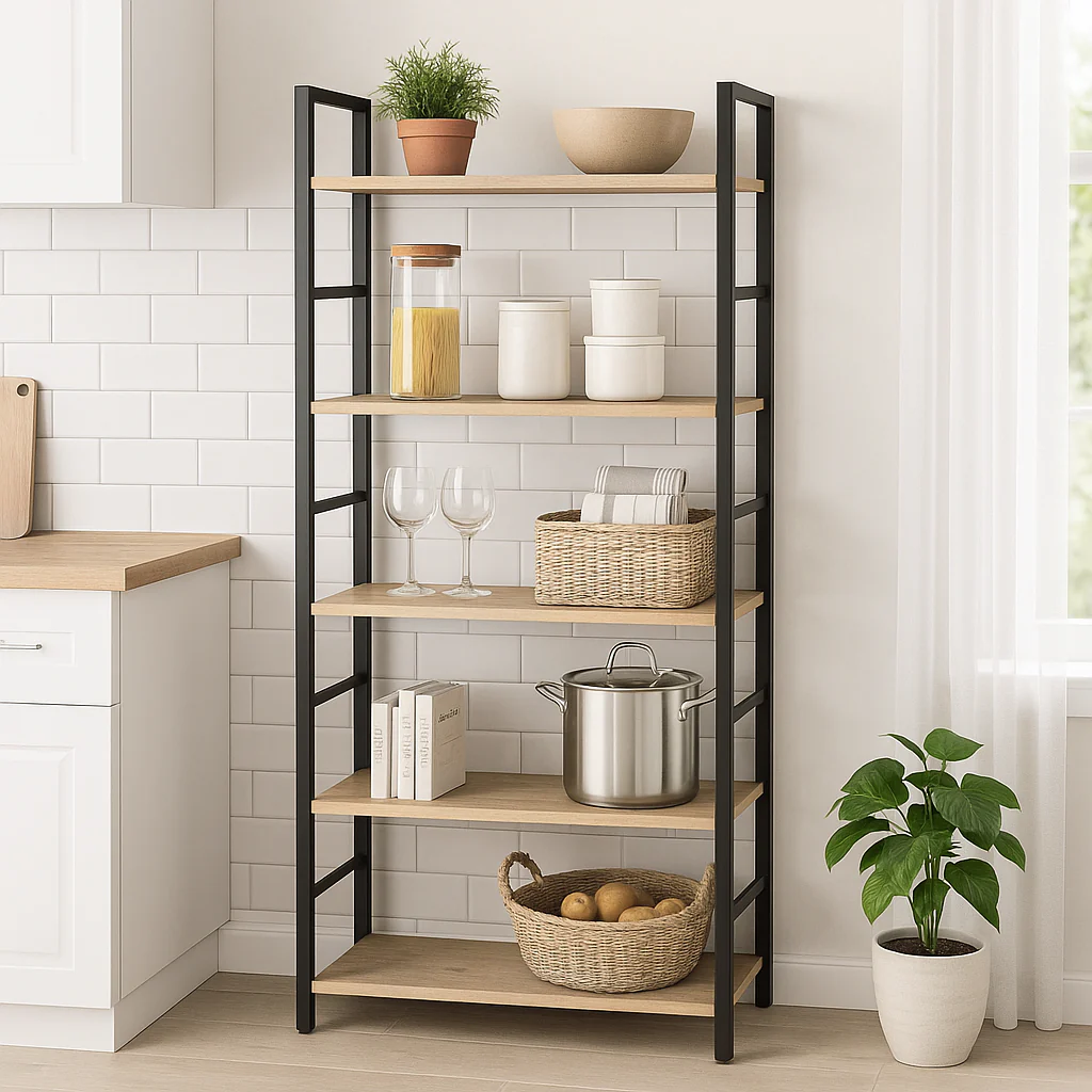 5 Tier Multifunction Heavy Duty Bookcase Wood & Steel Storage Shelf Organizer (Coastal Oak) - Image 7