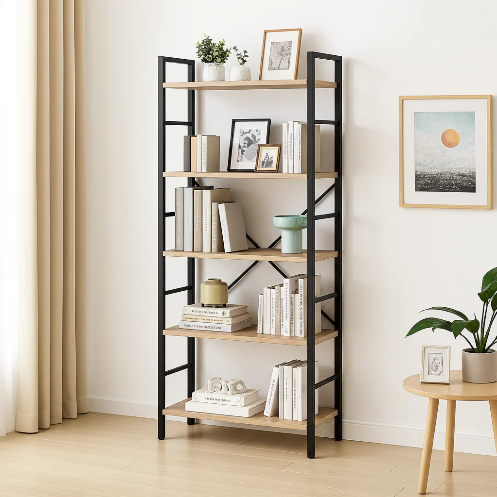 5 Tier Multifunction Heavy Duty Bookcase Wood & Steel Storage Shelf Organizer (Coastal Oak) - Image 9