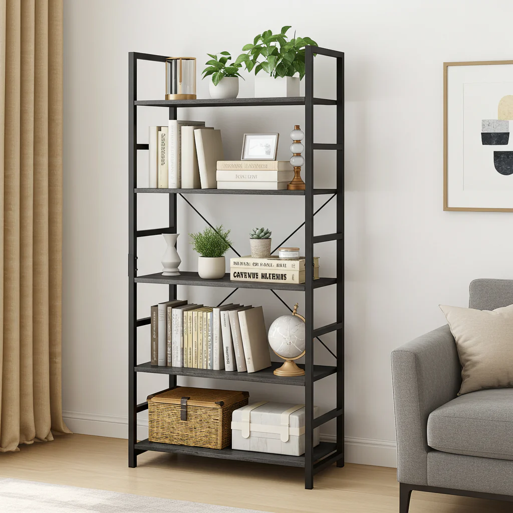 5 Tier Multifunction Heavy Duty Bookcase Wood & Steel Storage Shelf Organizer (Rustic Grey) - Image 11