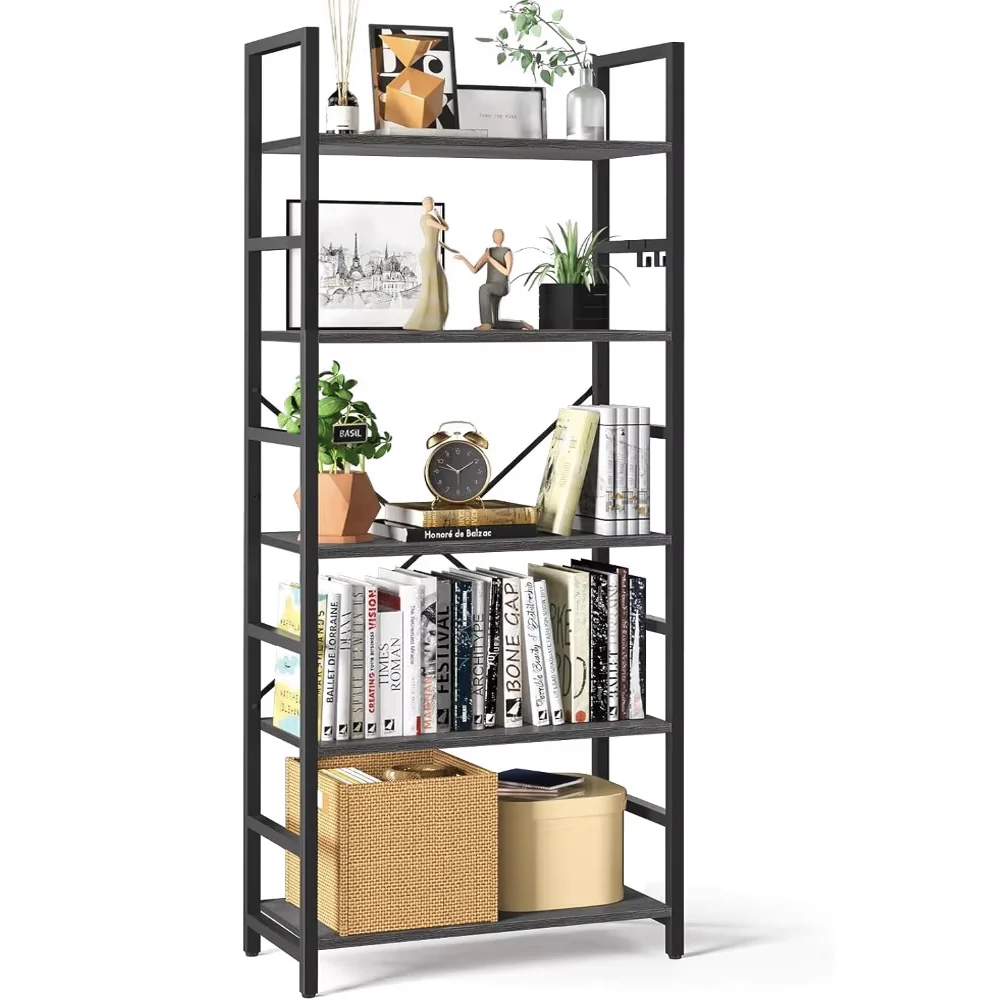 5 Tier Multifunction Heavy Duty Bookcase Wood & Steel Storage Shelf Organizer (Rustic Grey) - Image 12