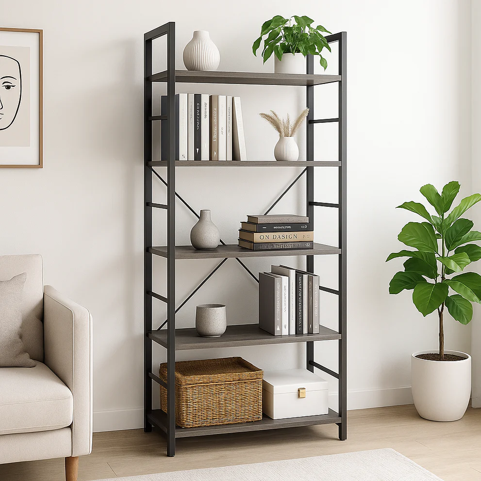 5 Tier Multifunction Heavy Duty Bookcase Wood & Steel Storage Shelf Organizer (Rustic Grey) - Image 13