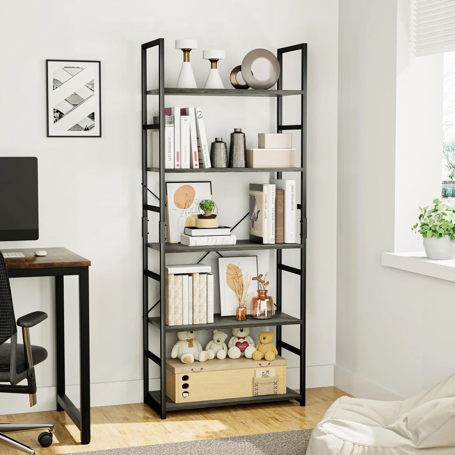 5 Tier Multifunction Heavy Duty Bookcase Wood & Steel Storage Shelf Organizer (Rustic Grey) - Image 15