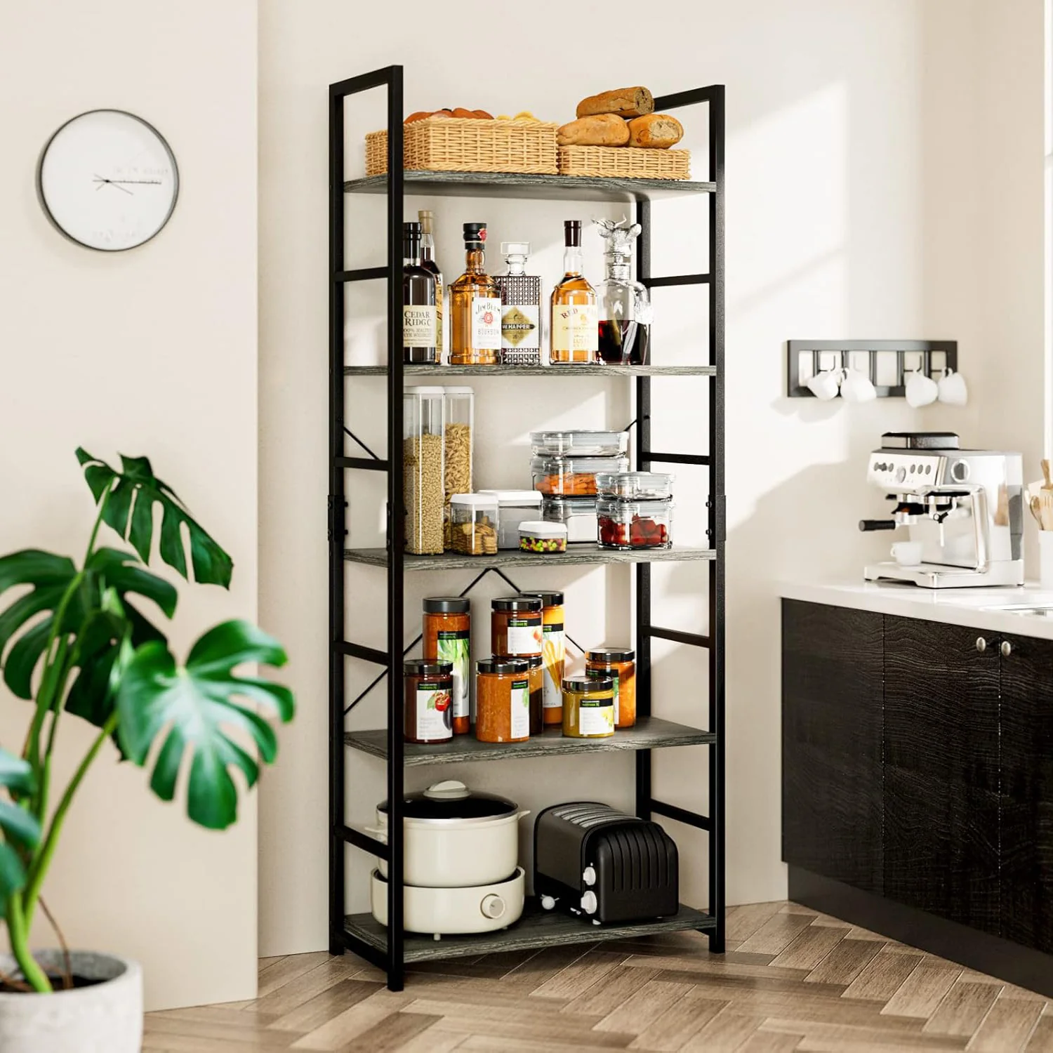 5 Tier Multifunction Heavy Duty Bookcase Wood & Steel Storage Shelf Organizer (Rustic Grey) - Image 17