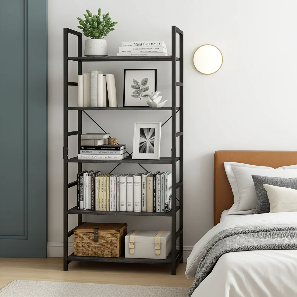 5 Tier Multifunction Heavy Duty Bookcase Wood & Steel Storage Shelf Organizer (Rustic Grey) - Image 18