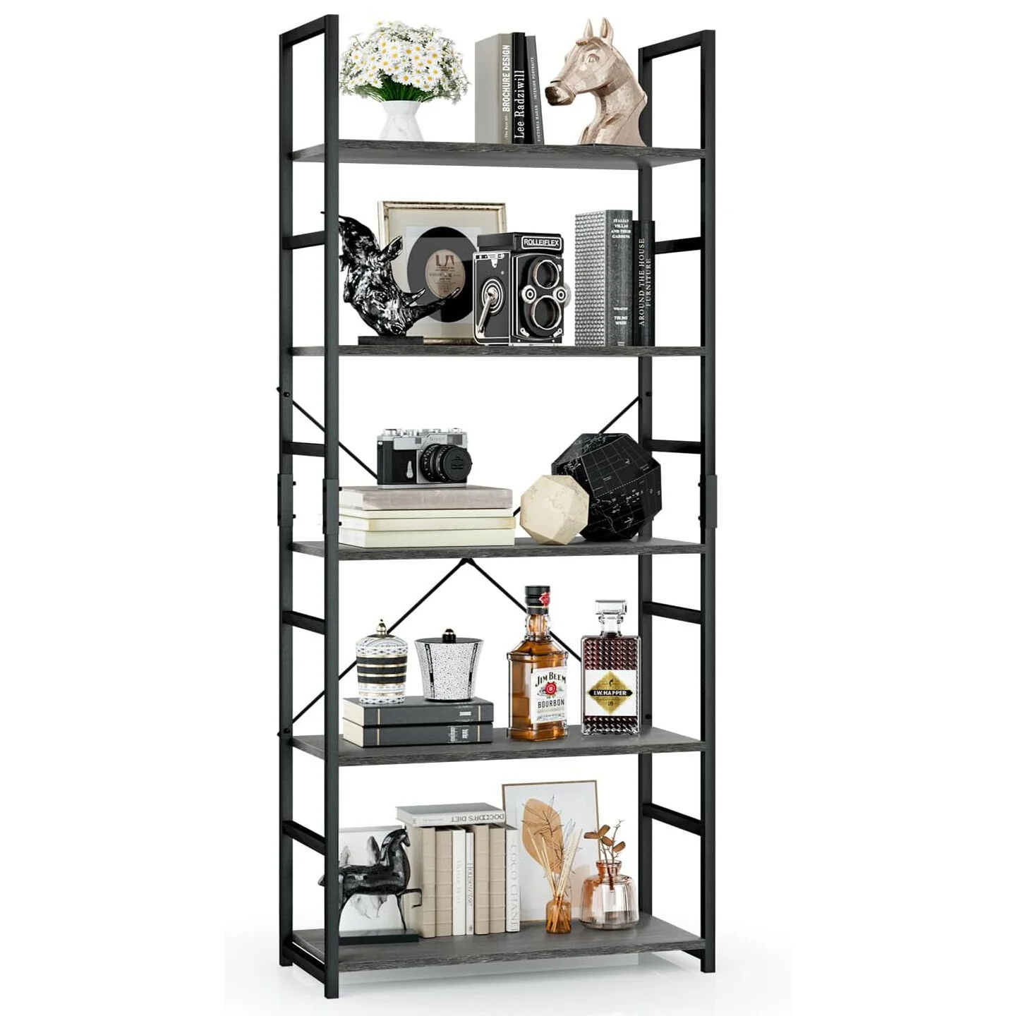 5 Tier Multifunction Heavy Duty Bookcase Wood & Steel Storage Shelf Organizer (Rustic Grey) - Image 21