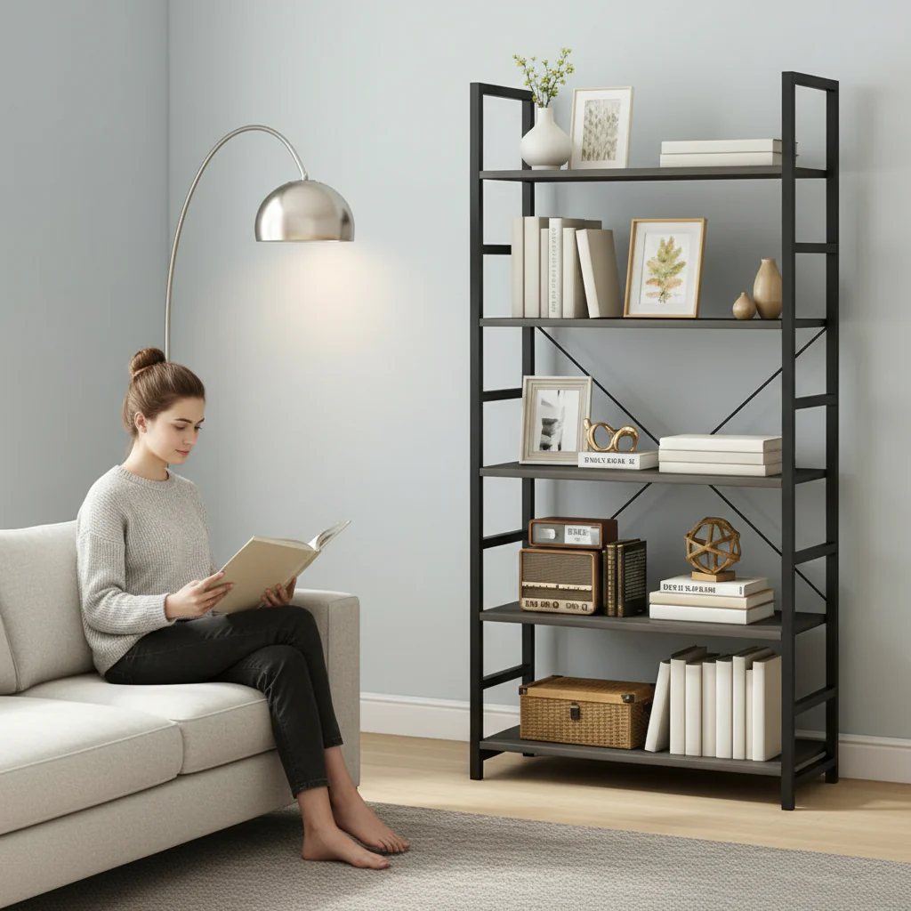 5 Tier Multifunction Heavy Duty Bookcase Wood & Steel Storage Shelf Organizer (Rustic Grey) - Image 22