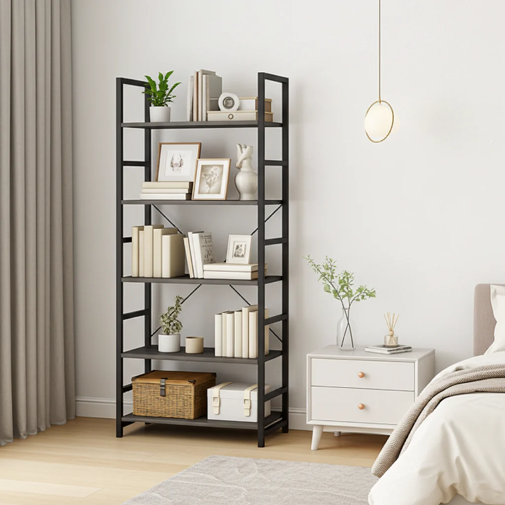5 Tier Multifunction Heavy Duty Bookcase Wood & Steel Storage Shelf Organizer (Rustic Grey) - Image 25