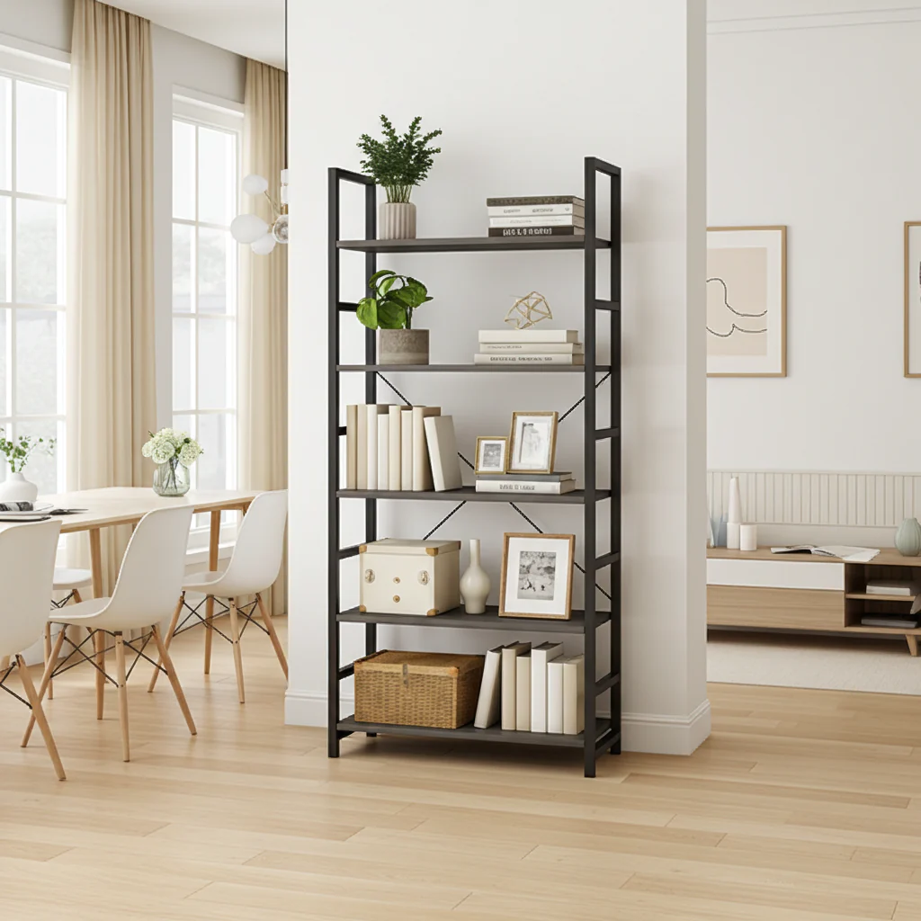 5 Tier Multifunction Heavy Duty Bookcase Wood & Steel Storage Shelf Organizer (Rustic Grey) - Image 26