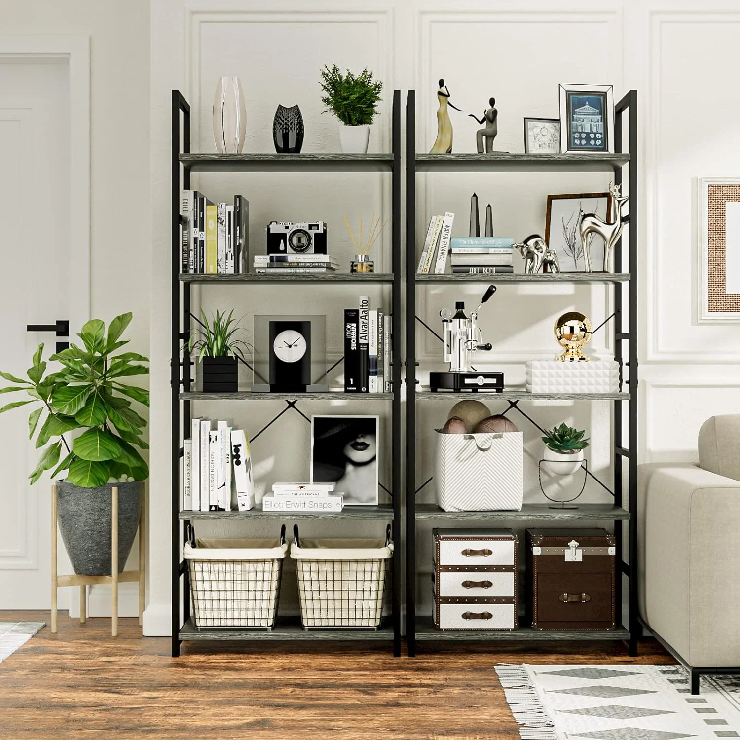 5 Tier Multifunction Heavy Duty Bookcase Wood & Steel Storage Shelf Organizer (Rustic Grey) - Image 27