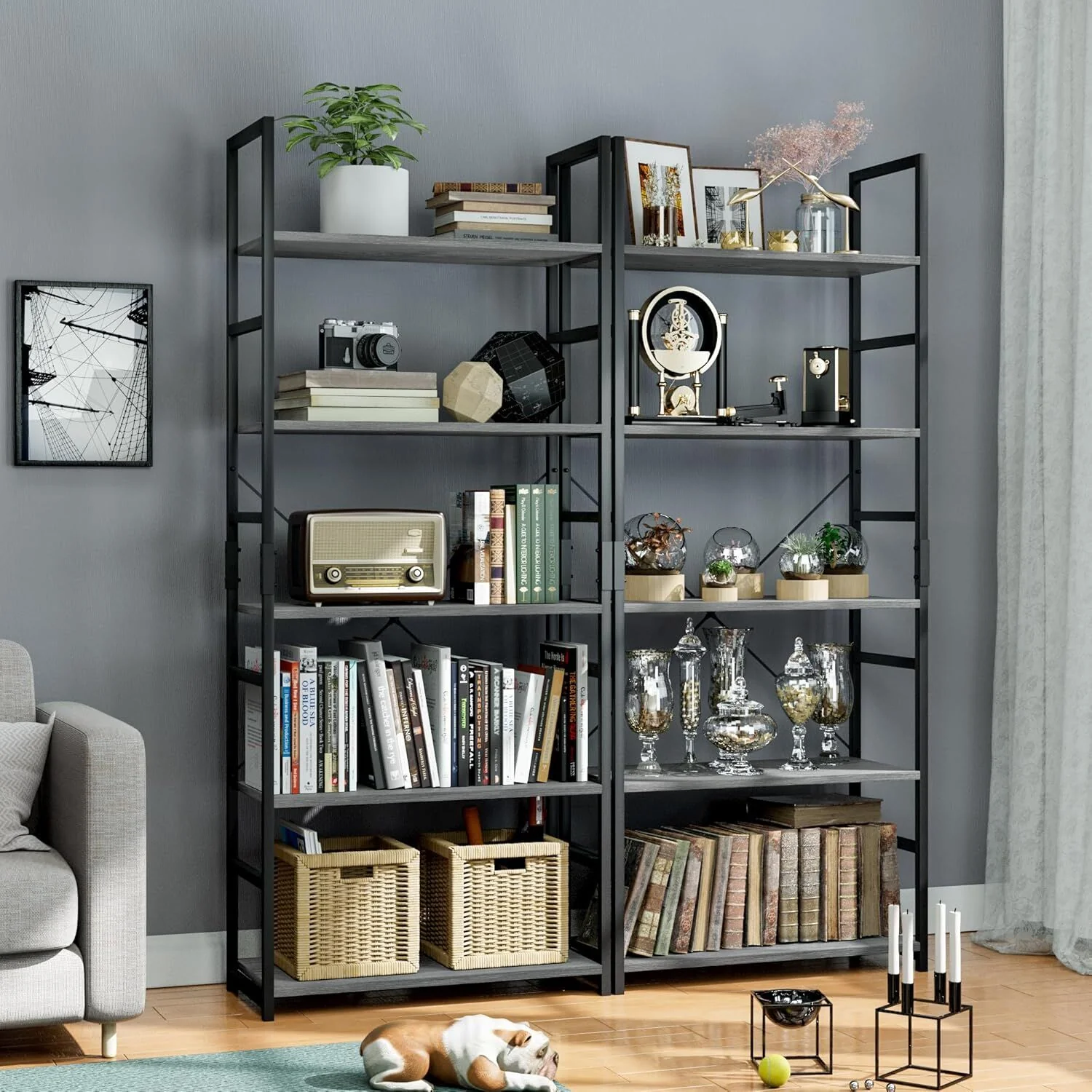 5 Tier Multifunction Heavy Duty Bookcase Wood & Steel Storage Shelf Organizer (Rustic Grey) - Image 29
