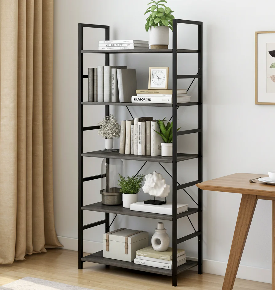 5 Tier Multifunction Heavy Duty Bookcase Wood & Steel Storage Shelf Organizer (Rustic Grey) - Image 4