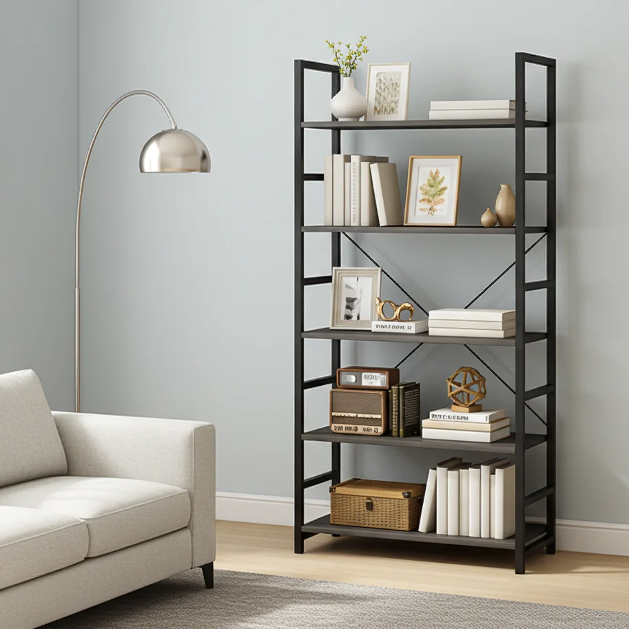 5 Tier Multifunction Heavy Duty Bookcase Wood & Steel Storage Shelf Organizer (Rustic Grey) - Image 6