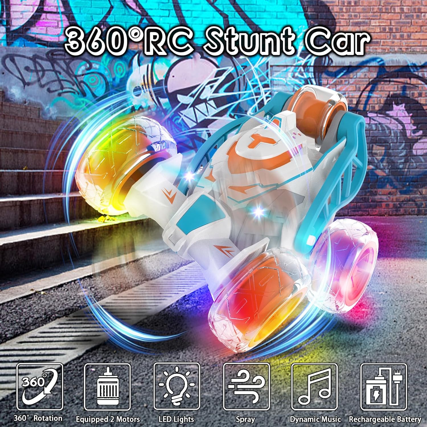 5 Wheels RC Extreme Twist Mist Mini Remote Control Stunt Car (Blue & Orange) - Image 2