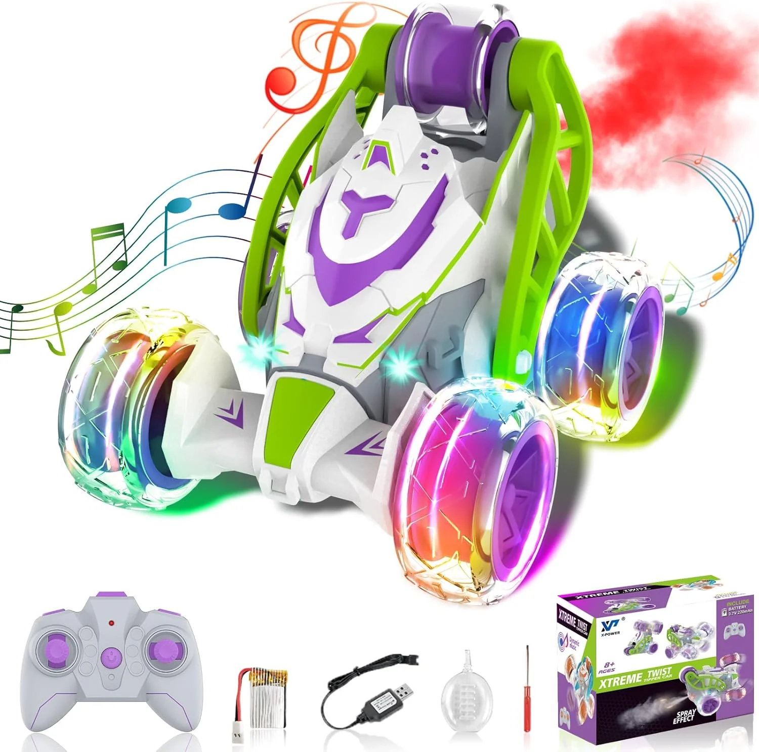 5 Wheels RC Extreme Twist Mist Mini Remote Control Stunt Car (Purple & Green) - Image 3