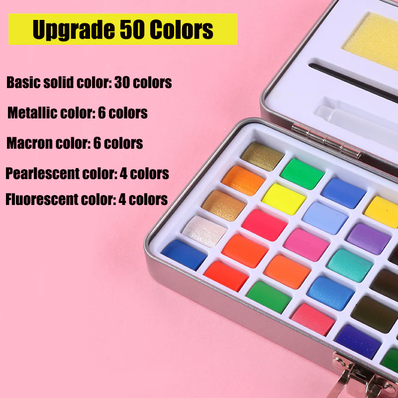 50 Colours Solid Watercolor Paint Palette Brush Set Drawing Portable Art Painting Supplies Kit - Image 10