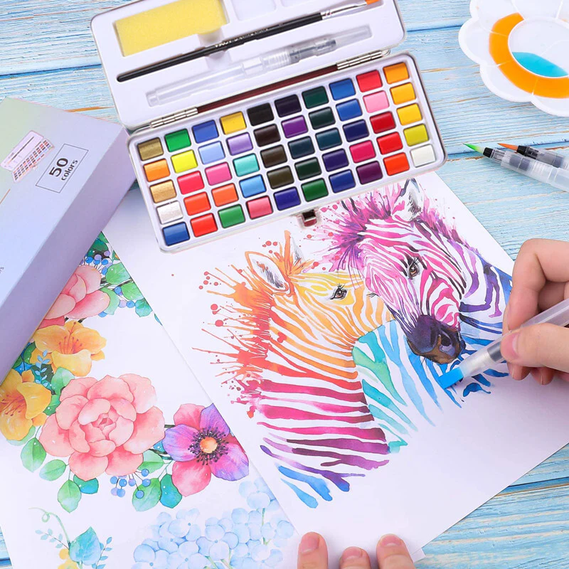 50 Colours Solid Watercolor Paint Palette Brush Set Drawing Portable Art Painting Supplies Kit - Image 6