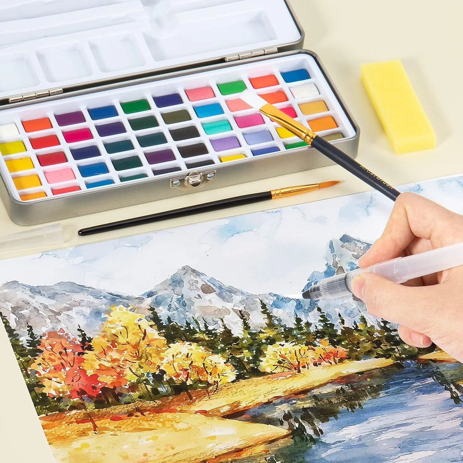 50 Colours Solid Watercolor Paint Palette Brush Set Drawing Portable Art Painting Supplies Kit - Image 7