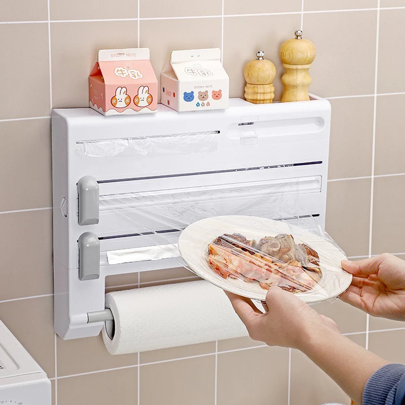 6 in 1 Kitchen Roll Dispenser Wall Holder Foil Film Paper Cutter Organiser Rack - Image 10