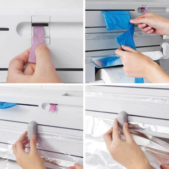6 in 1 Kitchen Roll Dispenser Wall Holder Foil Film Paper Cutter Organiser Rack - Image 11