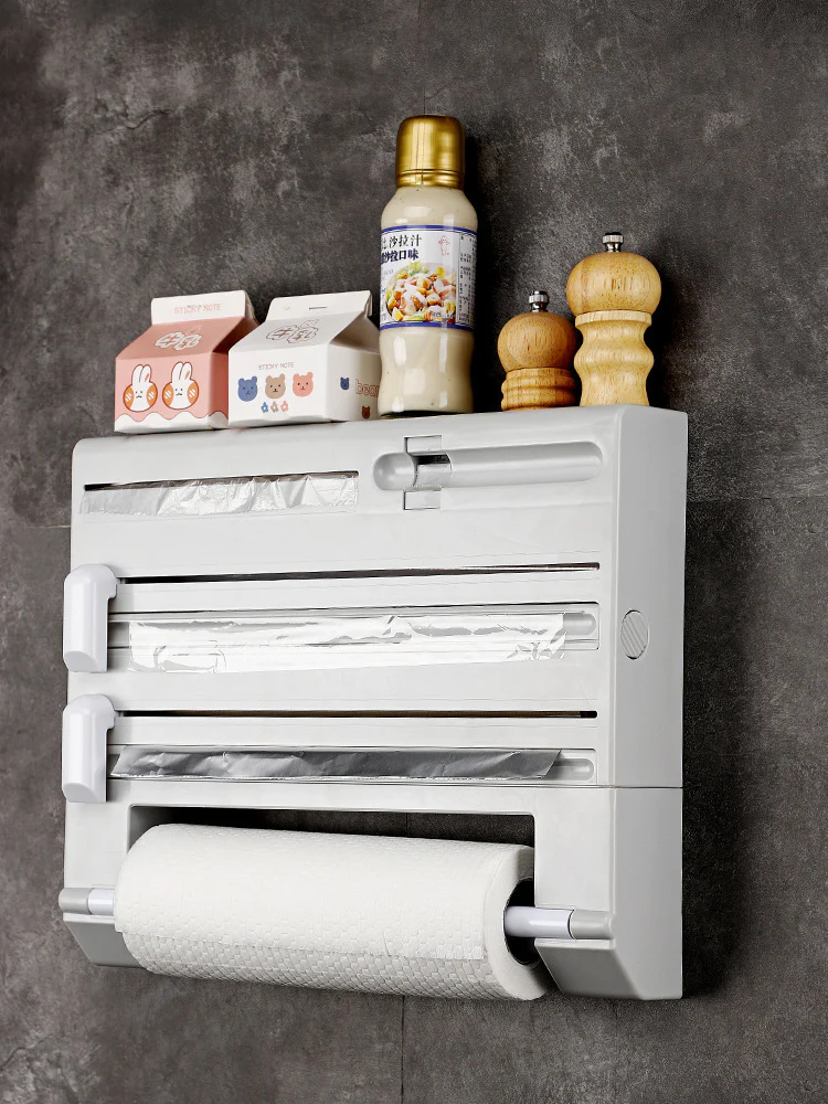 6 in 1 Kitchen Roll Dispenser Wall Holder Foil Film Paper Cutter Organiser Rack - Image 13