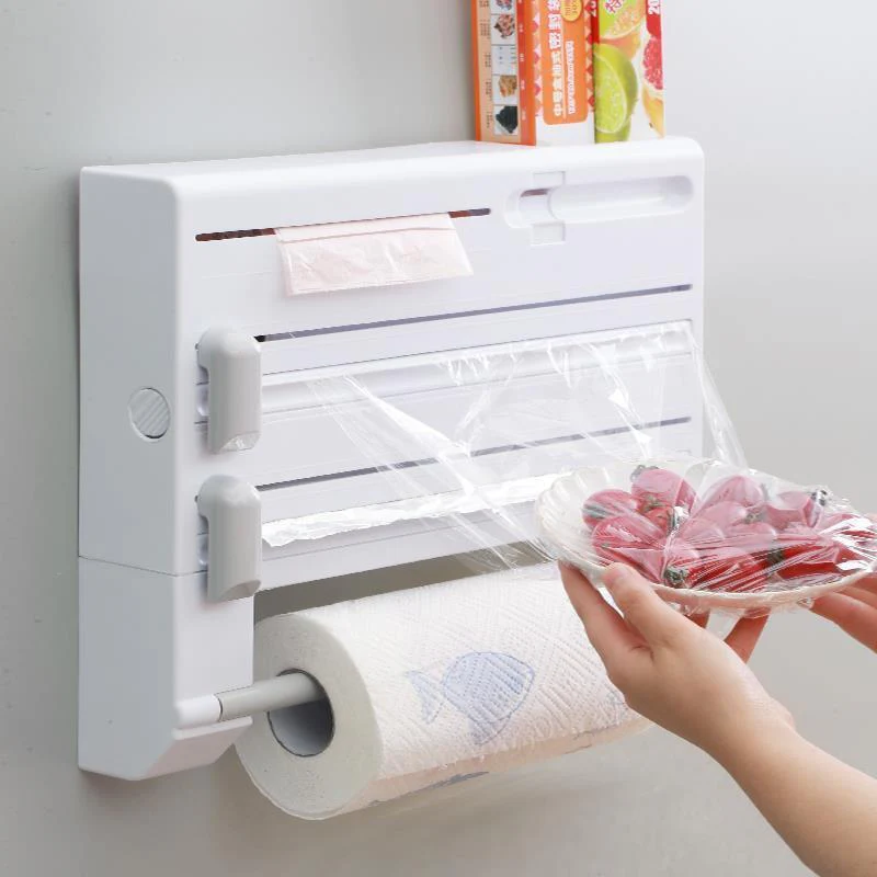 6 in 1 Kitchen Roll Dispenser Wall Holder Foil Film Paper Cutter Organiser Rack - Image 4