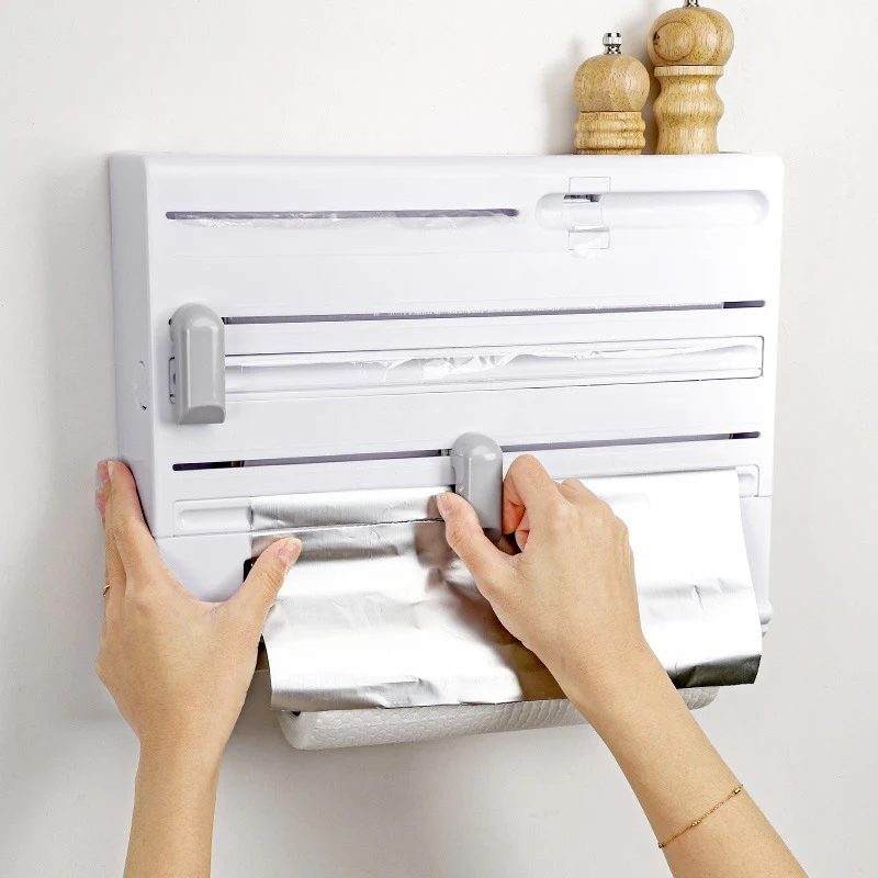 6 in 1 Kitchen Roll Dispenser Wall Holder Foil Film Paper Cutter Organiser Rack - Image 5
