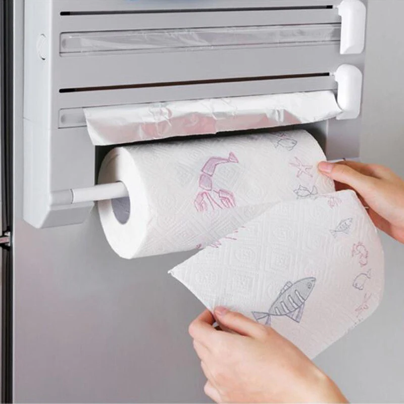6 in 1 Kitchen Roll Dispenser Wall Holder Foil Film Paper Cutter Organiser Rack - Image 8