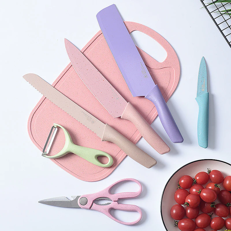 7 PCS Deluxe Eco-friendly Pastel Colourful Kitchen Utensil Knife Cutting Board Set - Image 2