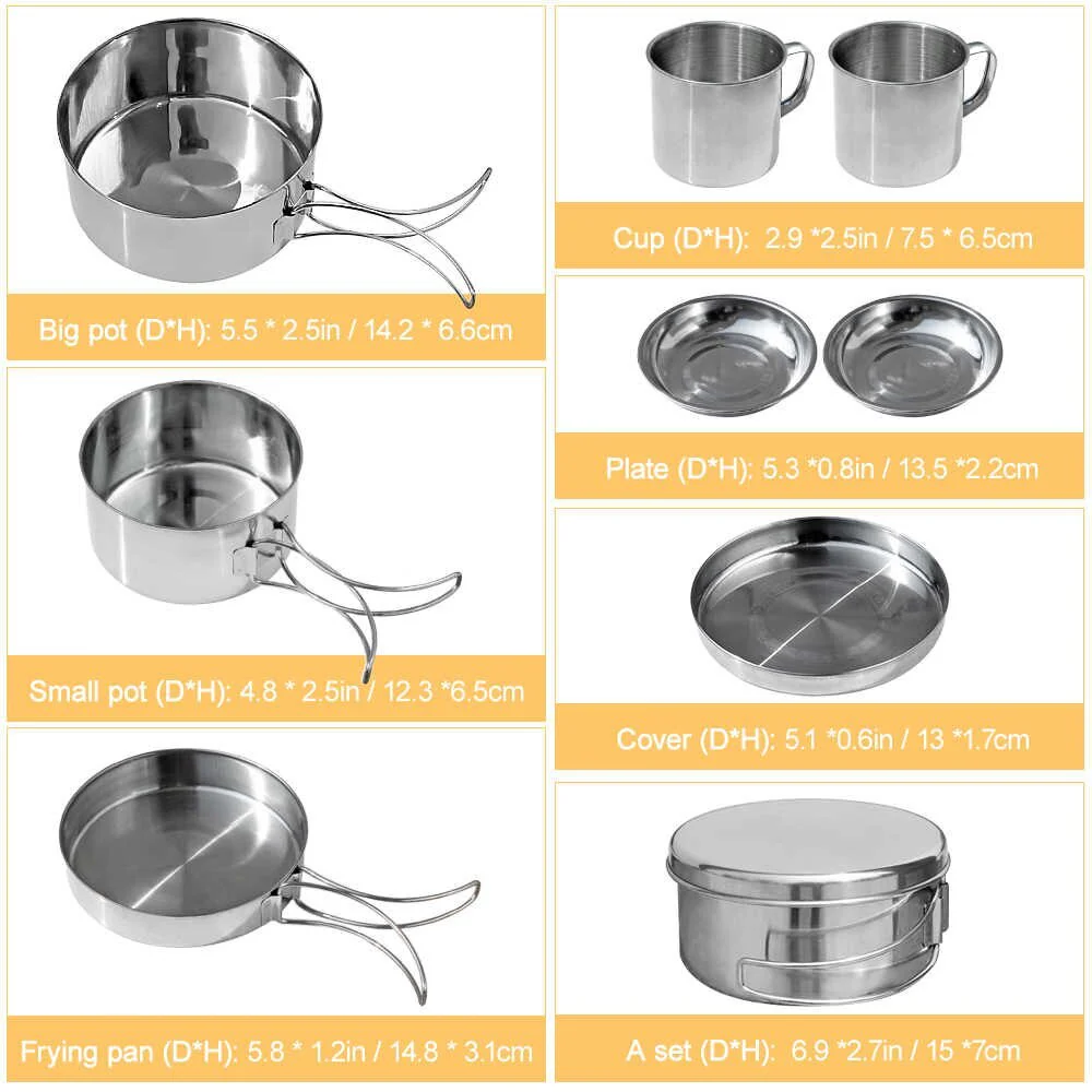 8-Piece Stainless Steel Camping Cookware Pots Pans Plates Mugs Set - Image 10