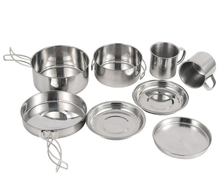 8-Piece Stainless Steel Camping Cookware Pots Pans Plates Mugs Set - Image 5