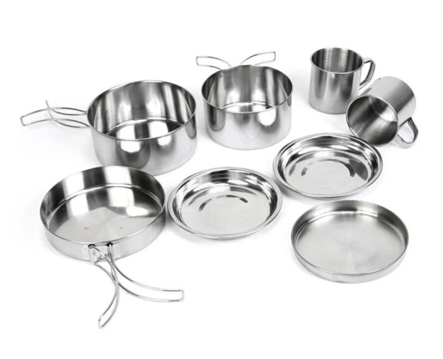 8-Piece Stainless Steel Camping Cookware Pots Pans Plates Mugs Set - Image 7