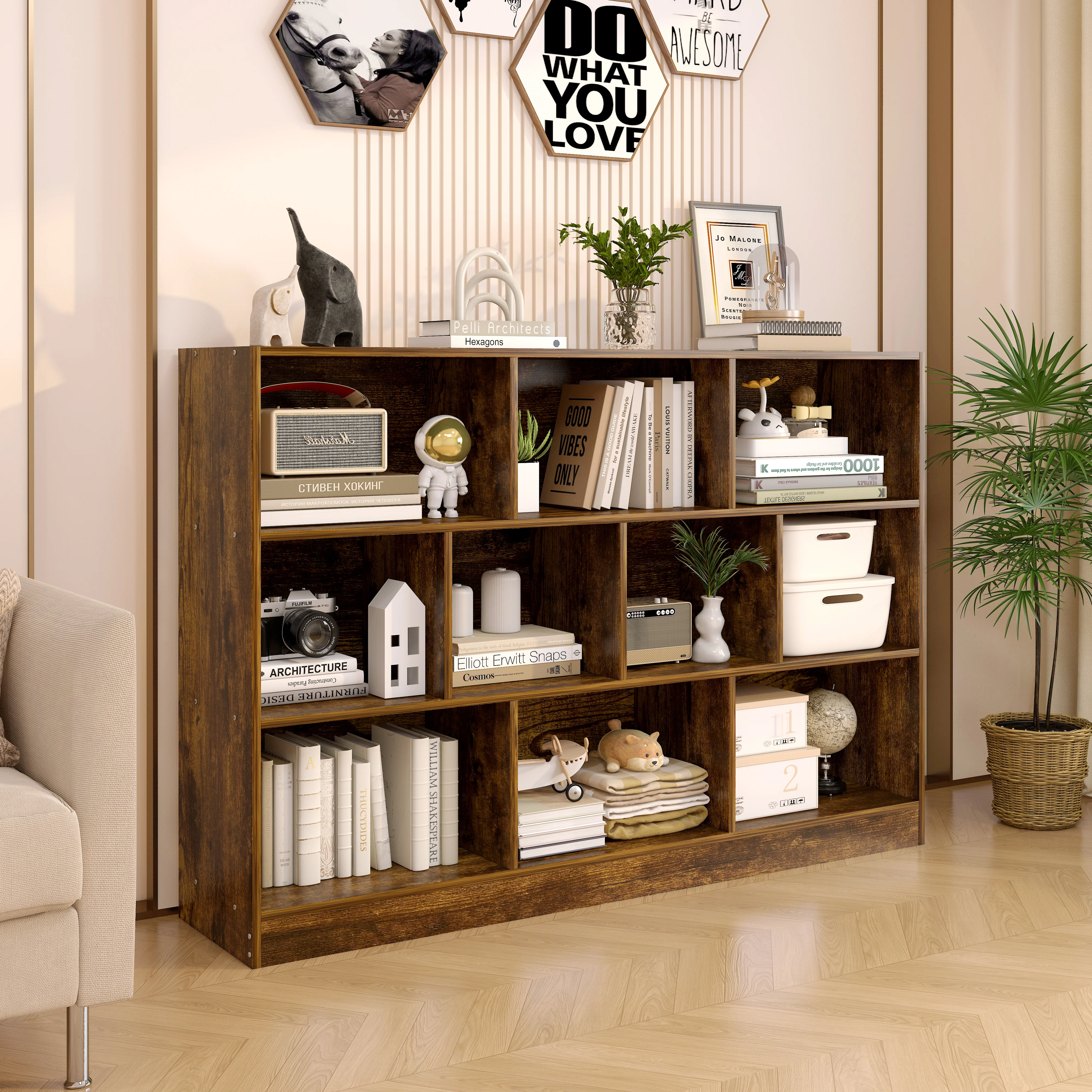 9 Shelving Insight Bookshelf Display Cabinet Bookcase Shelf Organiser (Rustic Wood) - Image 11