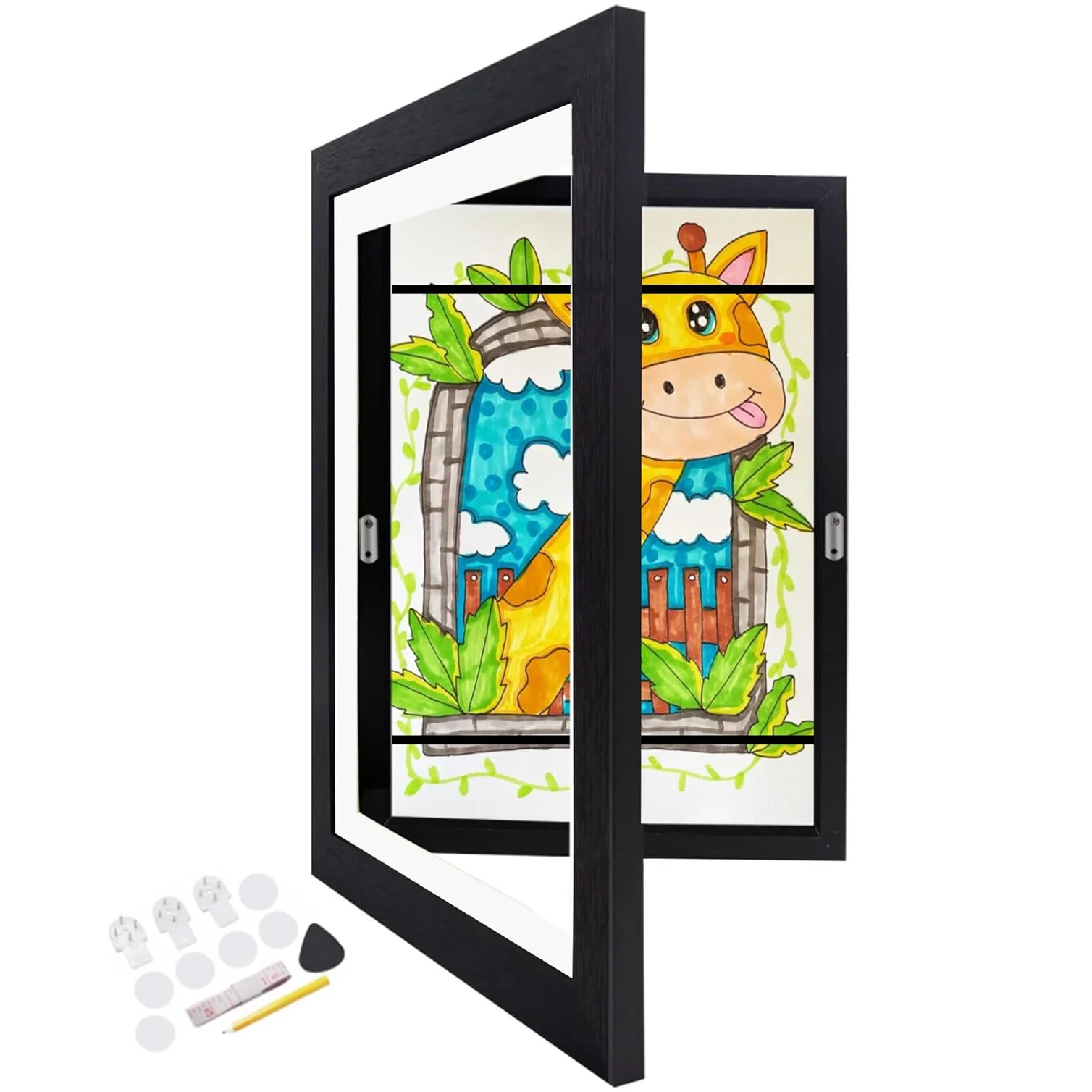A3 Kids Art Frame Wooden Artwork Display Children Drawing Storage Holds 150 Pictures (Black) - Image 10