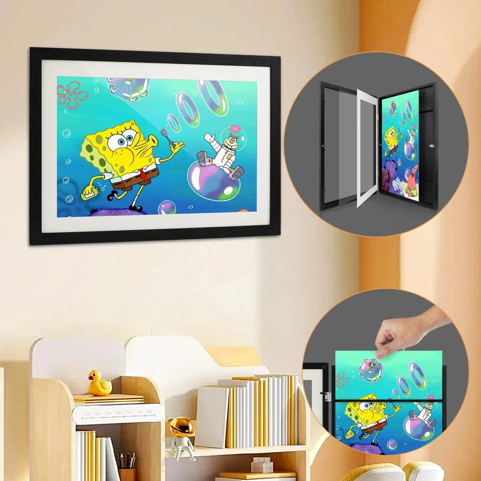 A3 Kids Art Frame Wooden Artwork Display Children Drawing Storage Holds 150 Pictures (Black) - Image 3